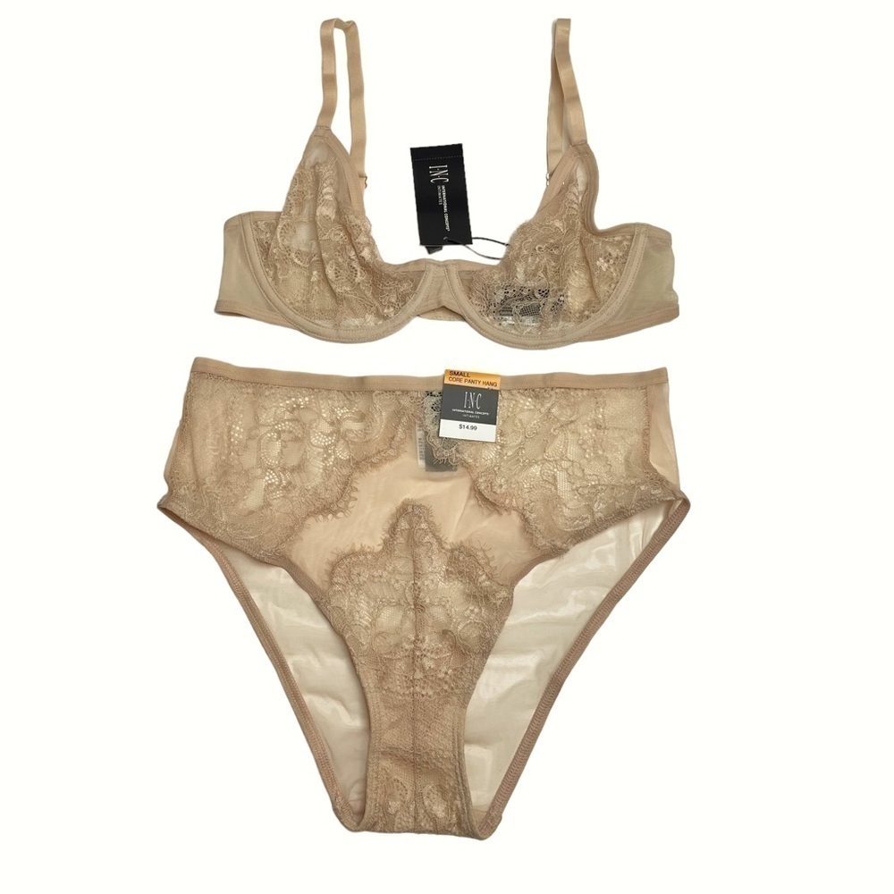INC Intimates Underwire Lace Bra & Lace Trim Mesh Brief Underwear Almond Latte S